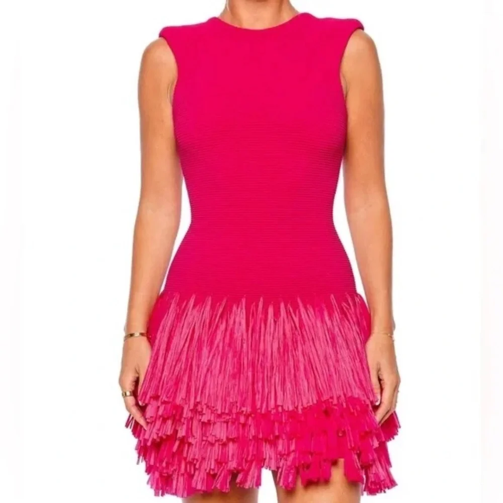 Aje. Rushes Raffia Fringe Knit Mini Dress - Pink S - Picture 2 of 4